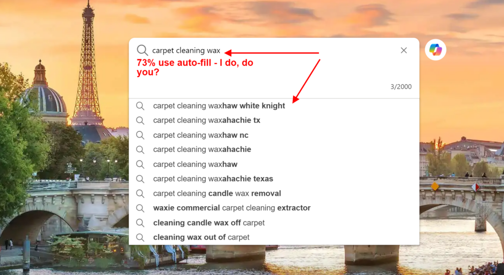 Bing search bar showing auto-suggest options for carpet cleaning services with a Paris cityscape in the background.