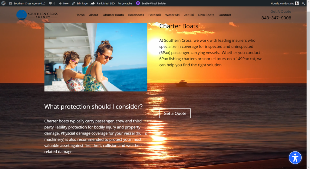 Website page showing two women on a boat deck with charter boat insurance information from Southern Cross Agency.