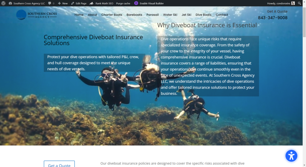 Three scuba divers underwater over a coral reef with text about diveboat insurance solutions.