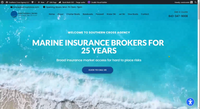 Homepage of Southern Cross Agency with ocean waves background and marine insurance service details.