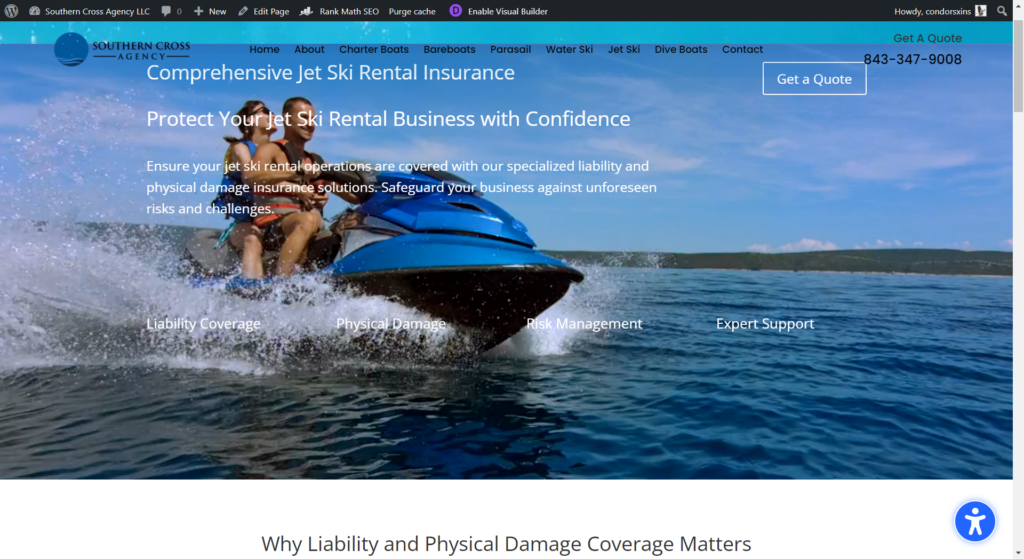 Person riding a blue jet ski on the homepage of Southern Cross Agency LLC offering comprehensive jet ski rental insurance.