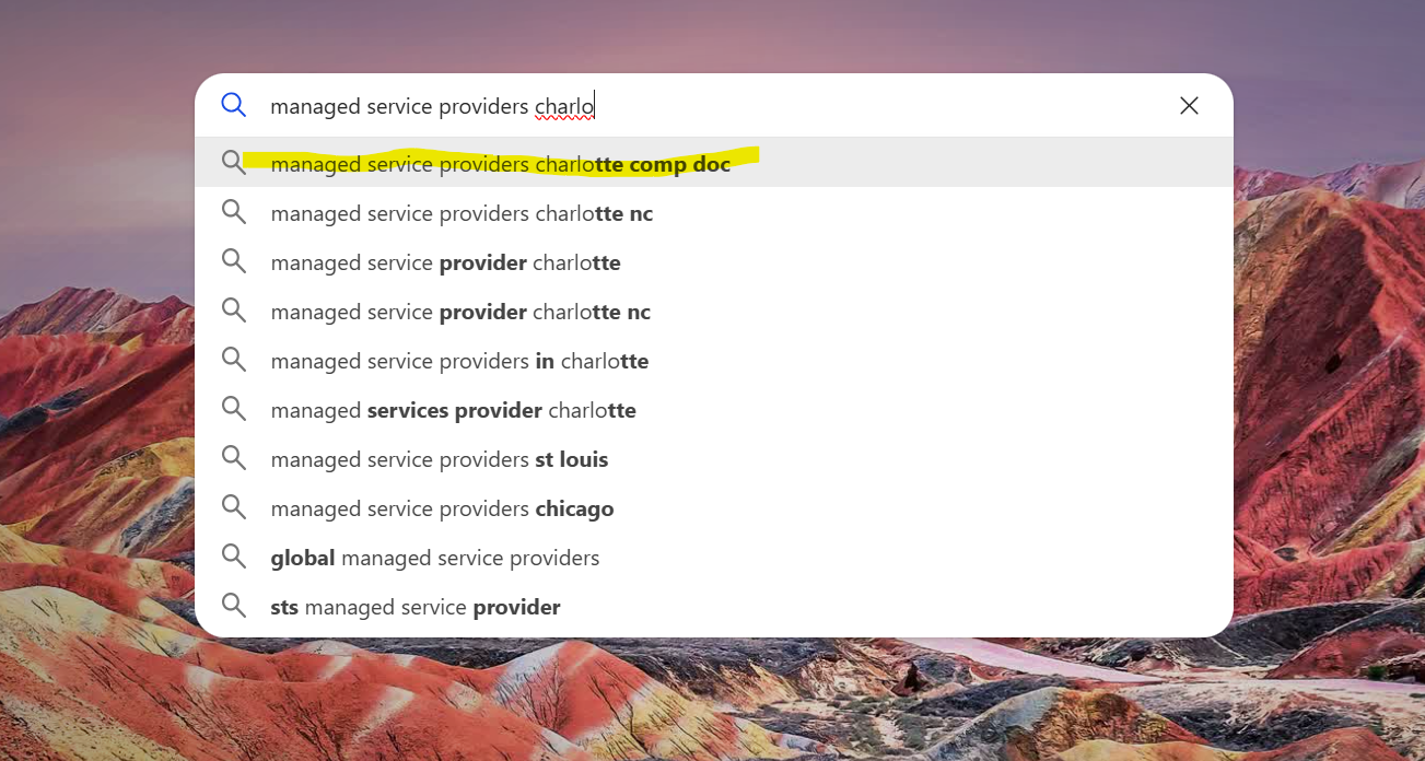 Screenshot of Bing auto-fill suggestions for managed service providers in Charlotte