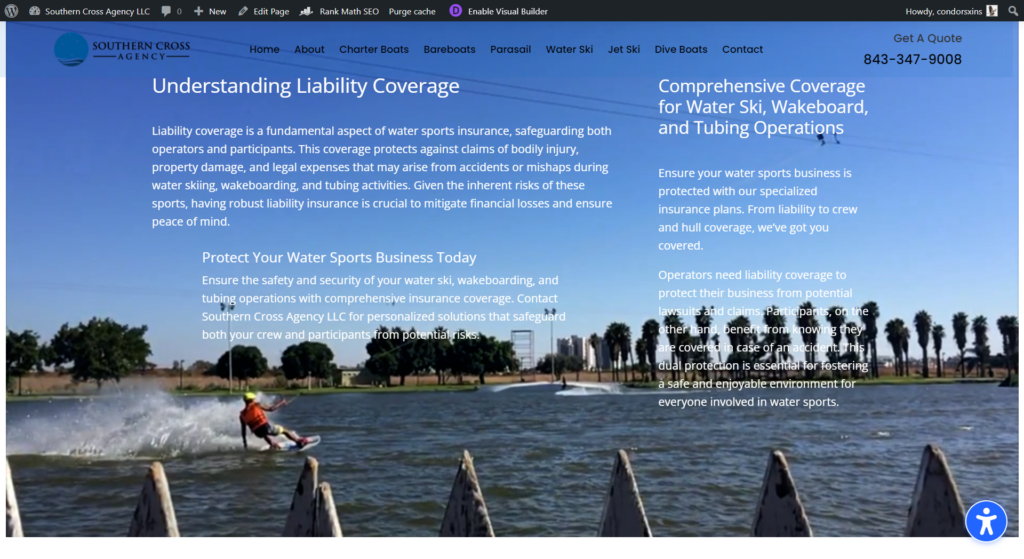 Southern Cross Agency LLC website page displaying information on liability coverage for water sports businesses with a background image of wakeboarding.